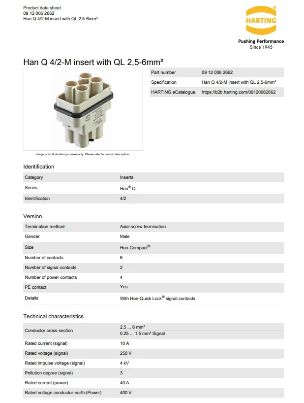 09120062662 HARTING 40A6-pin male ferrule axial bolt wiring