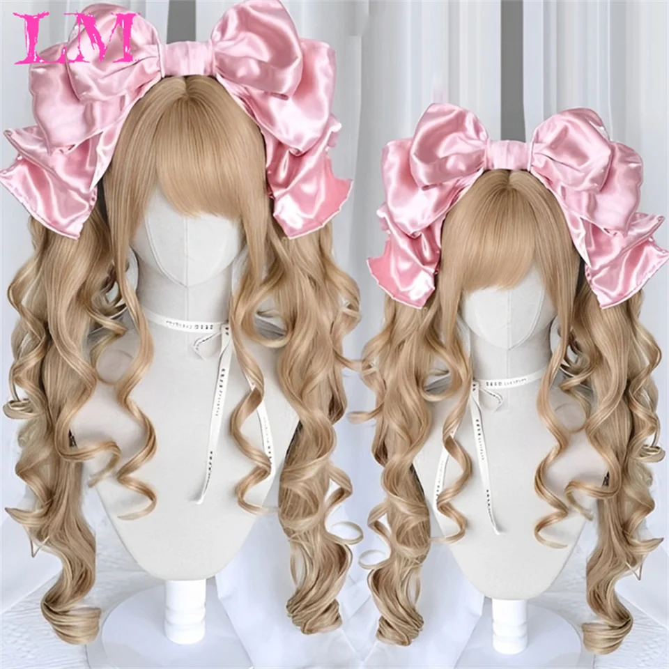 

LM Long Blonde Wavy Synthetic Wigs with Bangs 2 Ponytails Lolita Cosplay Blonde Halloween Natural Wave Hair Wigs for White Women