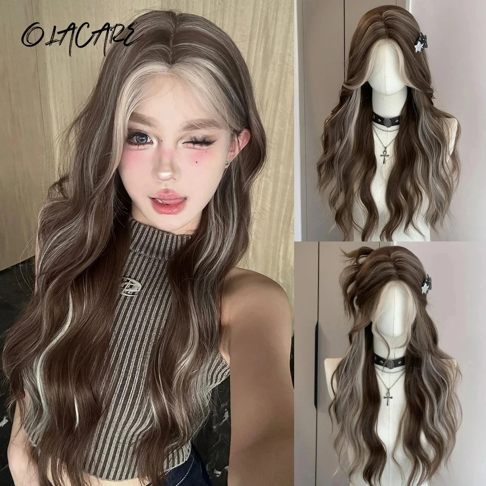 OLACARE Synthetic Blonde Long Wavy Wigs Middle Part Natural Wig Heat Resistant Cosplay Party Daily Hair Wig for Women and Girls