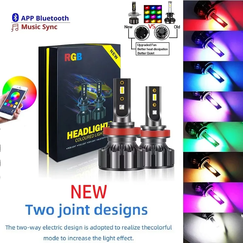 

H4 H7 LED Car Headlight Bulbs COB RGB LED Headlight H1 H3 H11 H13 880 9005 9006 9012 LED APP Bluetooth Control Multi-color 25W