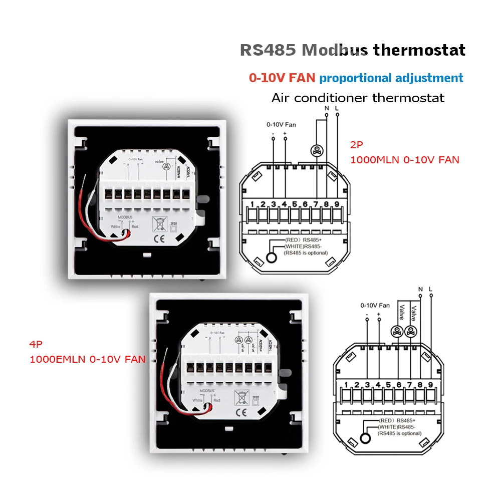 24VAC Modbus & RS485 thermostat 0-10V Fan output 2P-4P fan coil thermostat for cooling heating