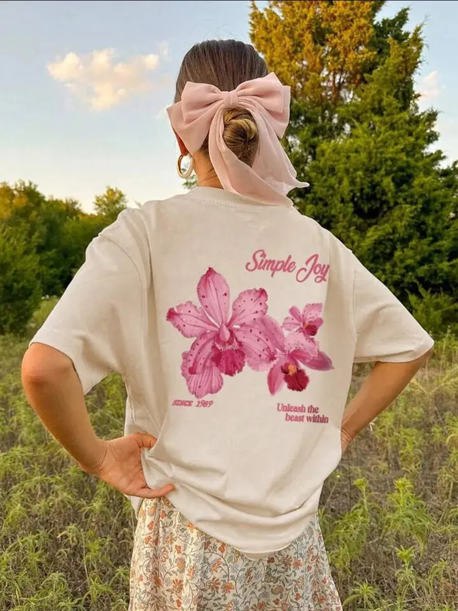 Retro 100% Pure Cotton American Pink orchid Summer New Cute Casual Women's Oversize T-shirt