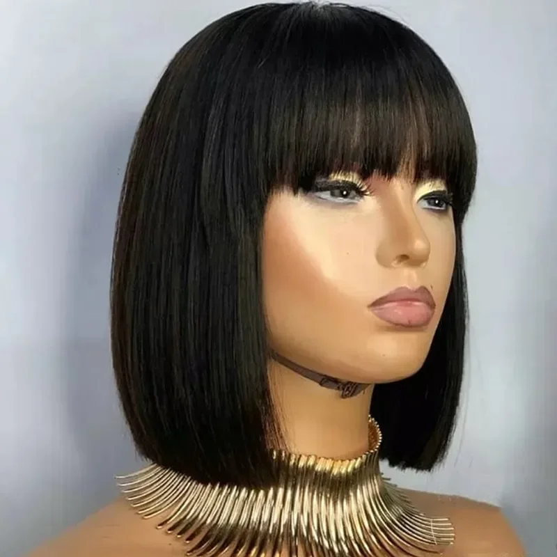 Factory Dropship Virgin Bob Wig Natural Black Short  Wig Human Hair Bob Wigs With Bangs For Black Women