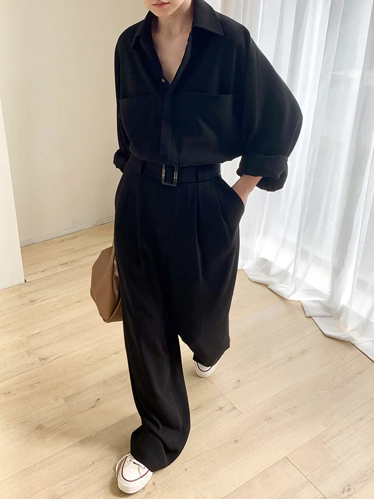 [EWQ] Elegant Temperament With Bandage Jumpsuits Long Sleeve Big Pocket Fashion Office Lady Jumpsuit 2024 Autumn Winter 16U4460