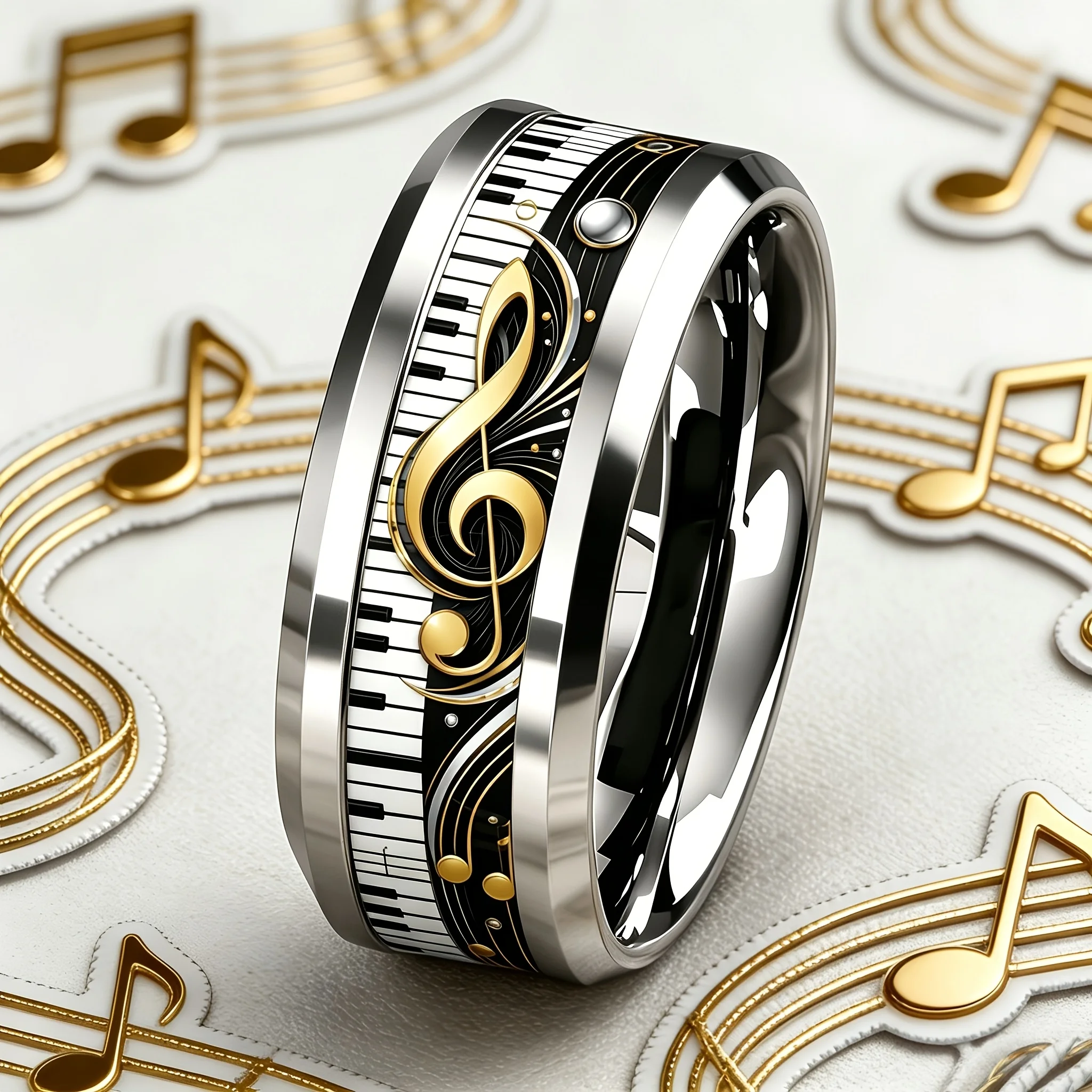 Luxury Golden Treble Clef Piano Keyboard Music Note Inlay Stainless Steel Ring Musical Artist Style Stackable Band Jewelry Gift