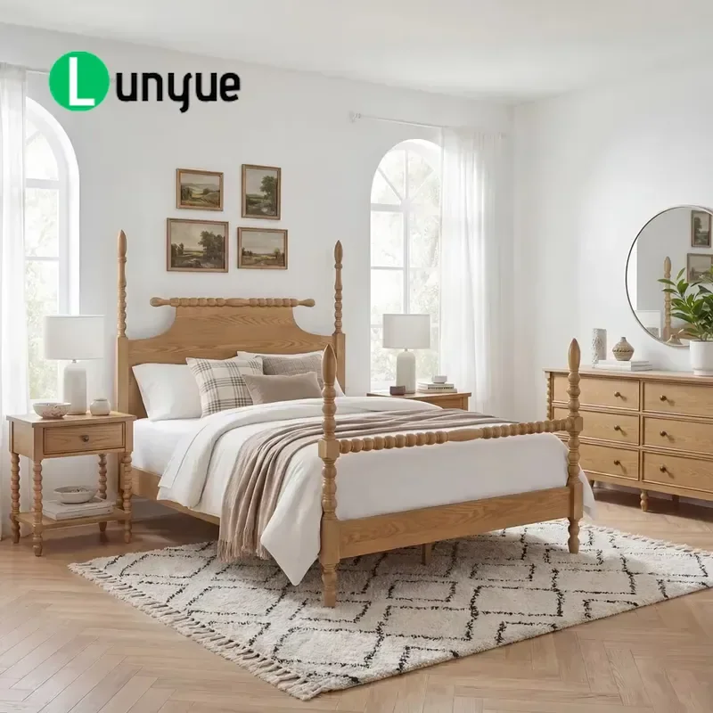 Premium French Oak Bed Frame Handmade Retro Solid Wood Furniture for Master Bedroom Durable Classic Design Regional Specialty