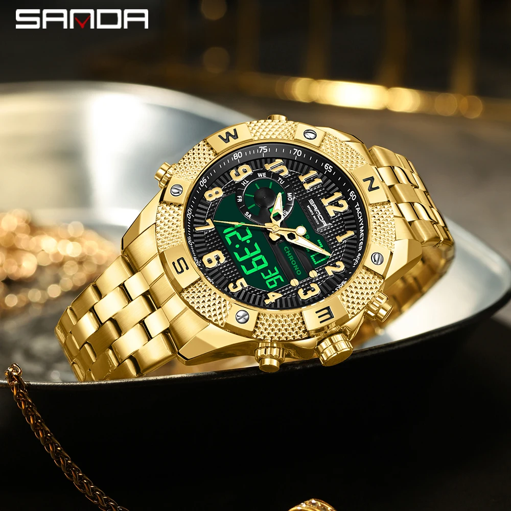 

SANDA 3308 мужские кварцевые часы в стиле милитари, спортивные водонепроницаемые светодиодные цифровые кварцевые часы с двойным дисплеем, мужские Relogios 2025