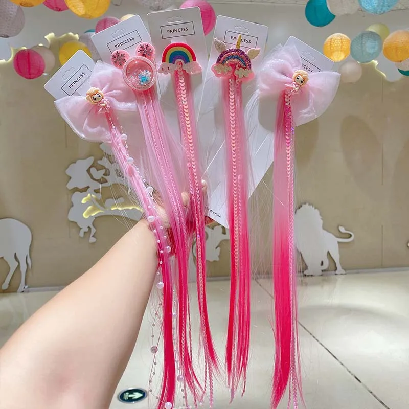 Pink Princess Children Wig Hairpins Kids Girls Hair Clip Fake Hair Twist Braider Headdress Hair Clips Barrettes Hair Accessories