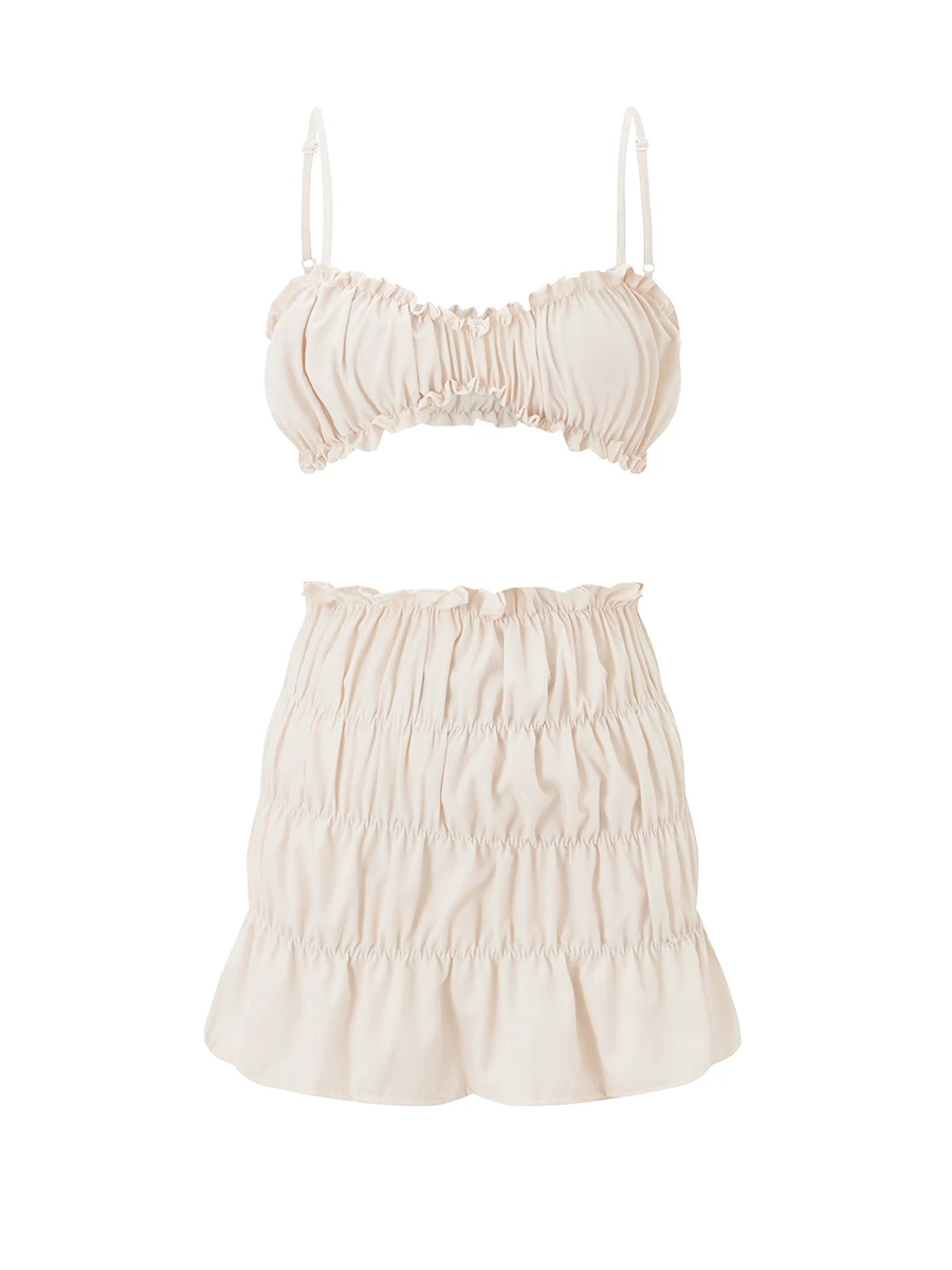 

Женские юбки из двух предметов, однотонные топы на бретельках с оборками, топы на бретельках без рукавов, мини-юбки, комплект одежды