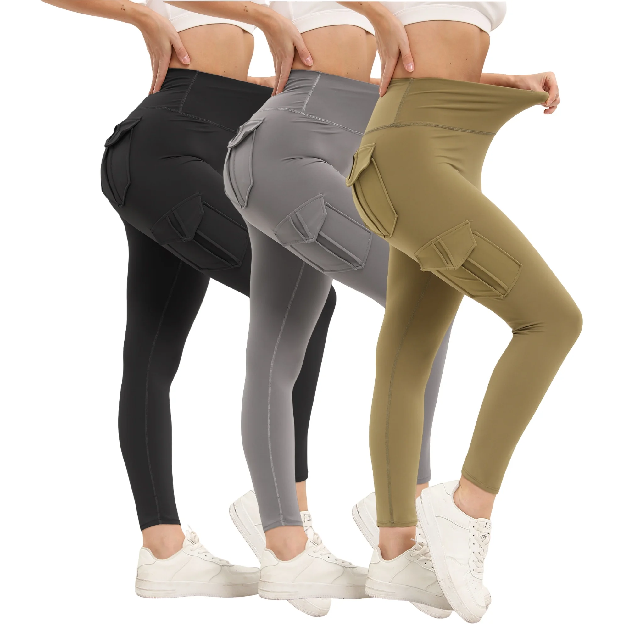 Damskie legginsy gimnastyczne w jednolitym kolorze z wysokim stanem Fitness joga spodnie praktyczne kieszenie Stretch Outdoor sportowe spodnie Cargo Style