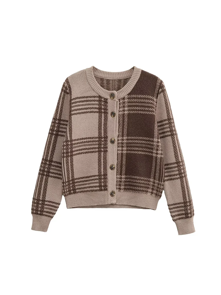 

Новая женская мода в европейском стиле, универсальная вязаная куртка в клетку с круглым вырезом и длинными рукавами