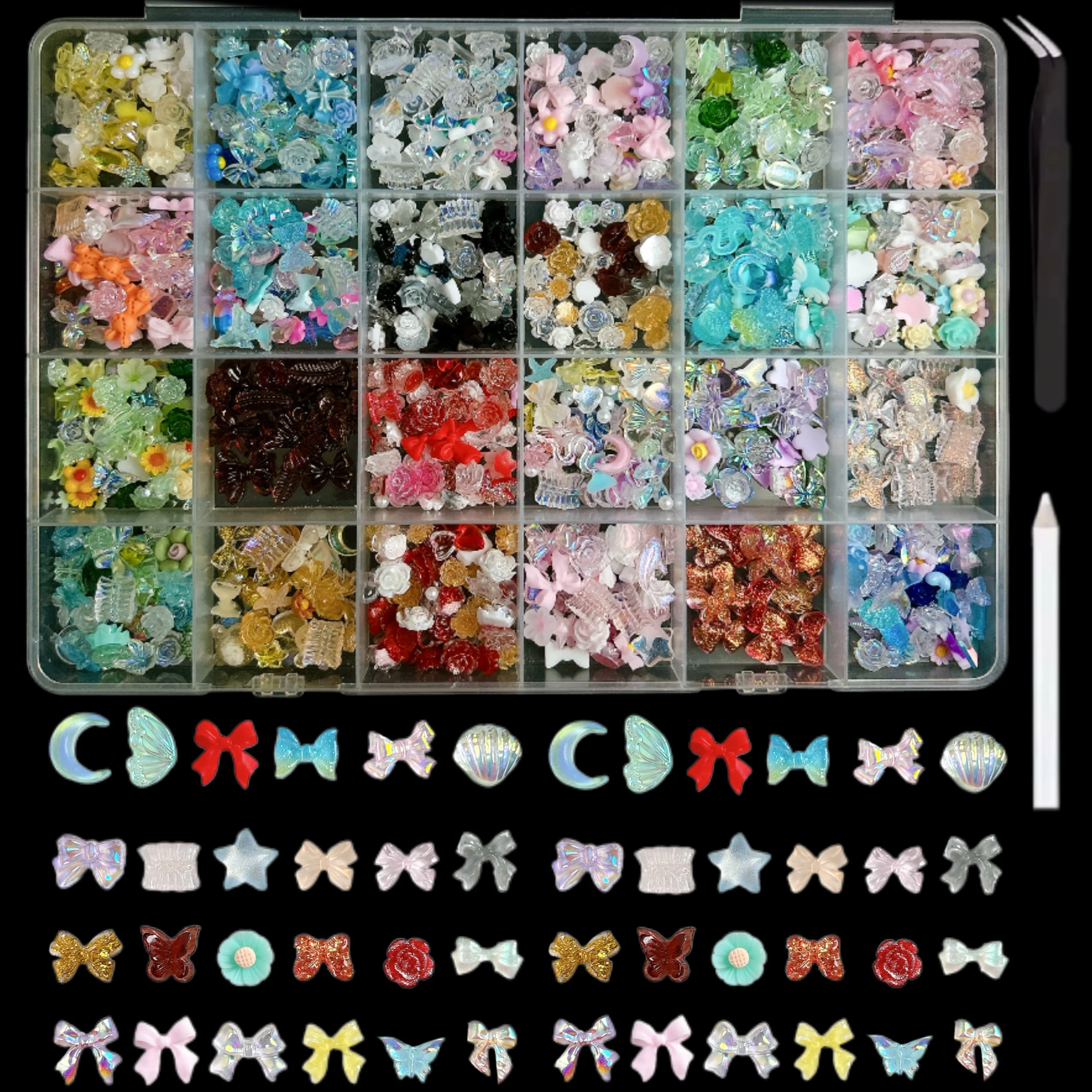 1 صندوق متعدد نمط الشريط الانحناء العلاقات الراتنج مسمار الفن زينة ثلاثية الأبعاد الملونة كاميليا فراشة محارة مختلط مسمار السحر لتقوم بها بنفسك الأظافر