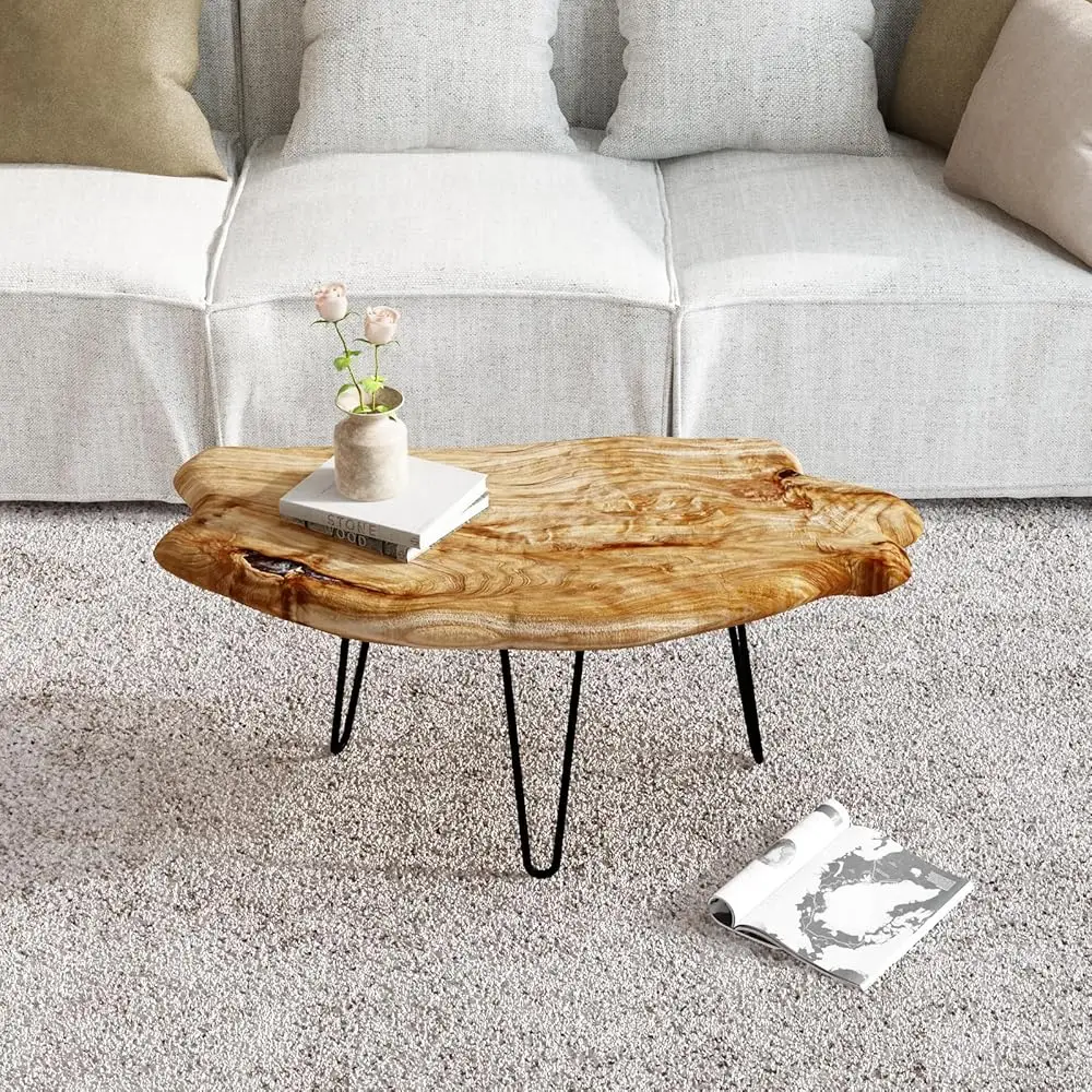 

Live Edge Cedar Wood Coffee Table Metal Hairpin Legs For Living Room