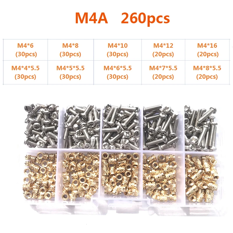 Messing-Einsatzmutter und Schrauben-Sortiment-Set, 260–500 Stück, M2, M3, M4, Hot-Melt-Einsatz, Rändelmutter, Injektions-Einbettungsmutter für 3D-Drucker