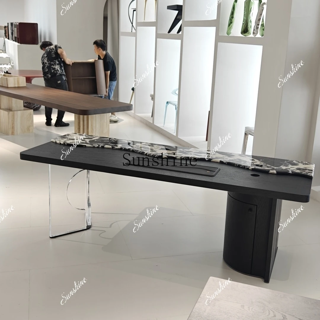 

Italian minimalist black and white flower solid wood marble tea table modern simple light luxury designG