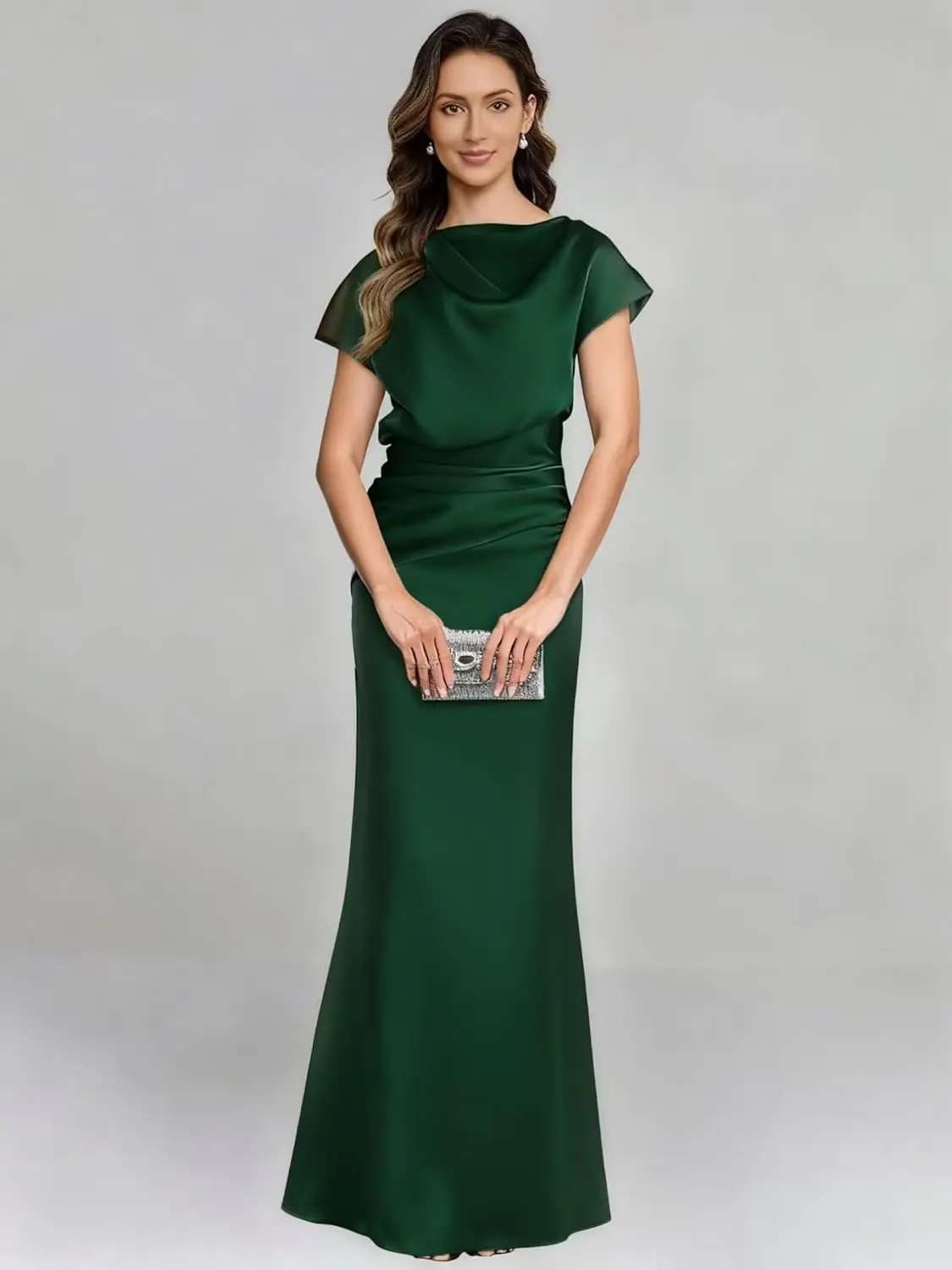 

Атласное платье для матери невесты на свадьбу, длинное вечернее платье русалки с рюшами и короткими рукавами