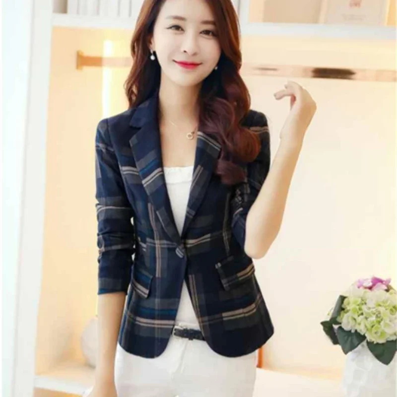 Office Slim Chic Street Female Blazers Coats Tops Spring Autumn Women Blazers Jacket New Lattice One Button Slim Elegant Casual