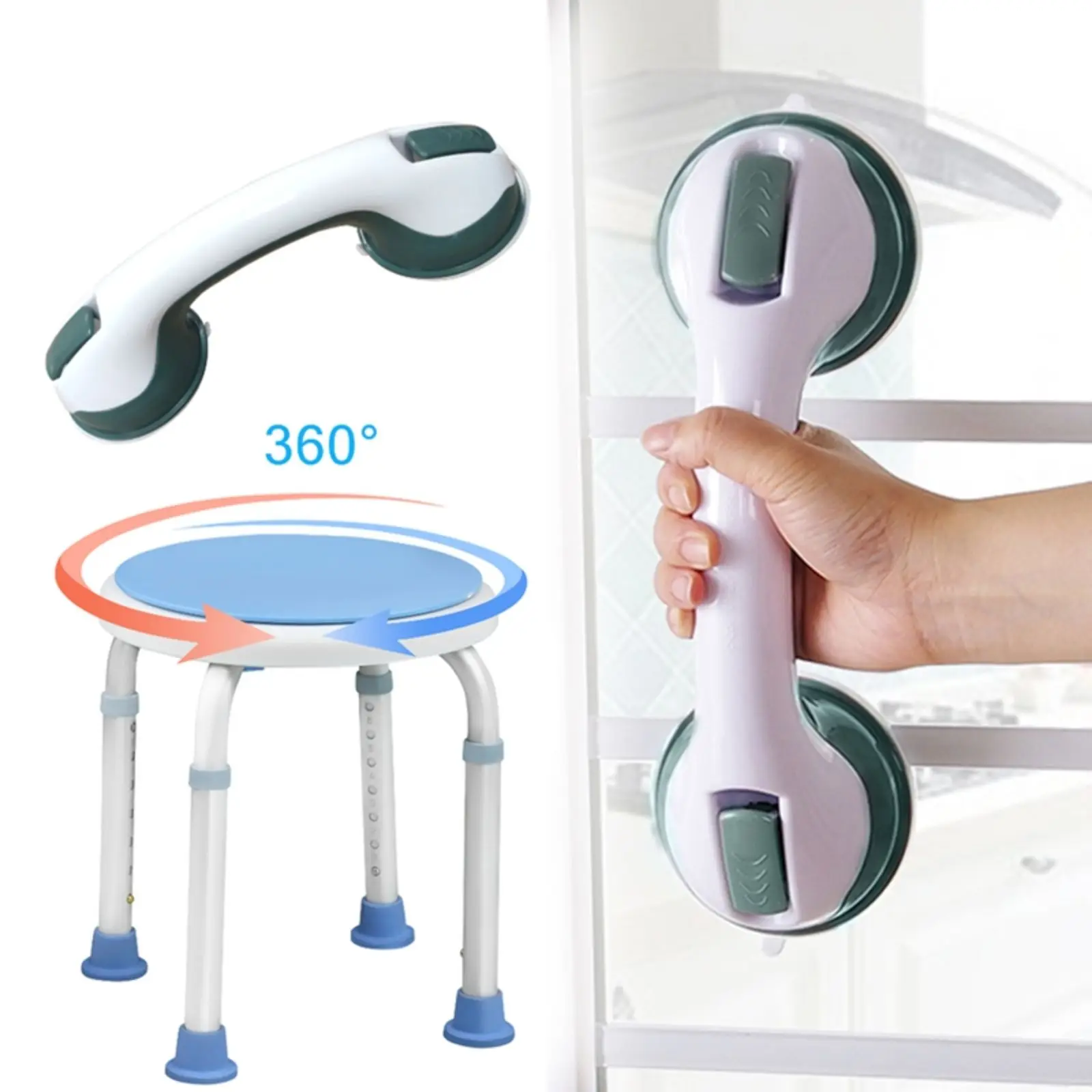 

360° Rotating Shower Chair Height-Adjustable Bath Stool Features Non-Slip Seat and Safety Handrails AluminumPlastic Construction