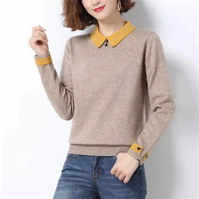 Korean Autumn Winter Peter Pan Collar Contrast Color Button Long Sleeve Sweater Knitted Casual Elegant Women\'s Clothing Tops