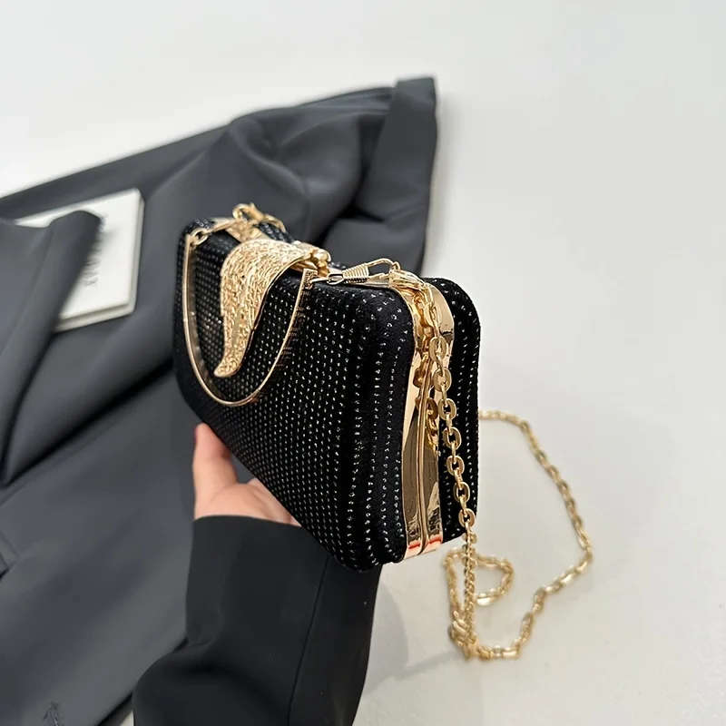 Evening Clutch Bag For Women, European Style Versatile Handbag With Golden Leaf Lock, Fashionable Sequins Buckle Chain Bag