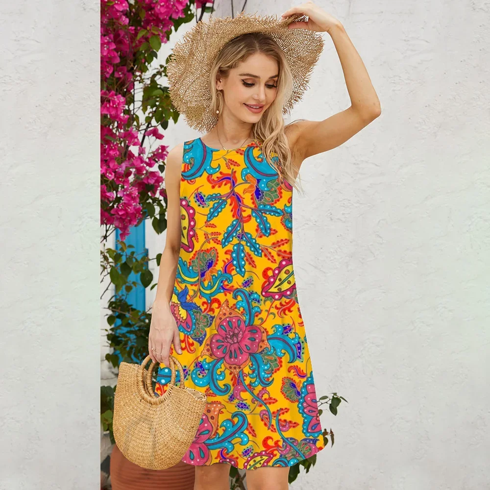 Vintage Cashew Print O-Neck Sleeveless Vest Dress For Women Fashion Summer Casual Vacation Beach Romantic Party Loose Mini Dress