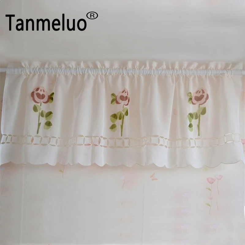 Rustic Exquisite Embroidery Small Flower Cutout Gauze Patchwork Coffee Curtain Semi-shade Short Kitchen Curtain Rod Pocket