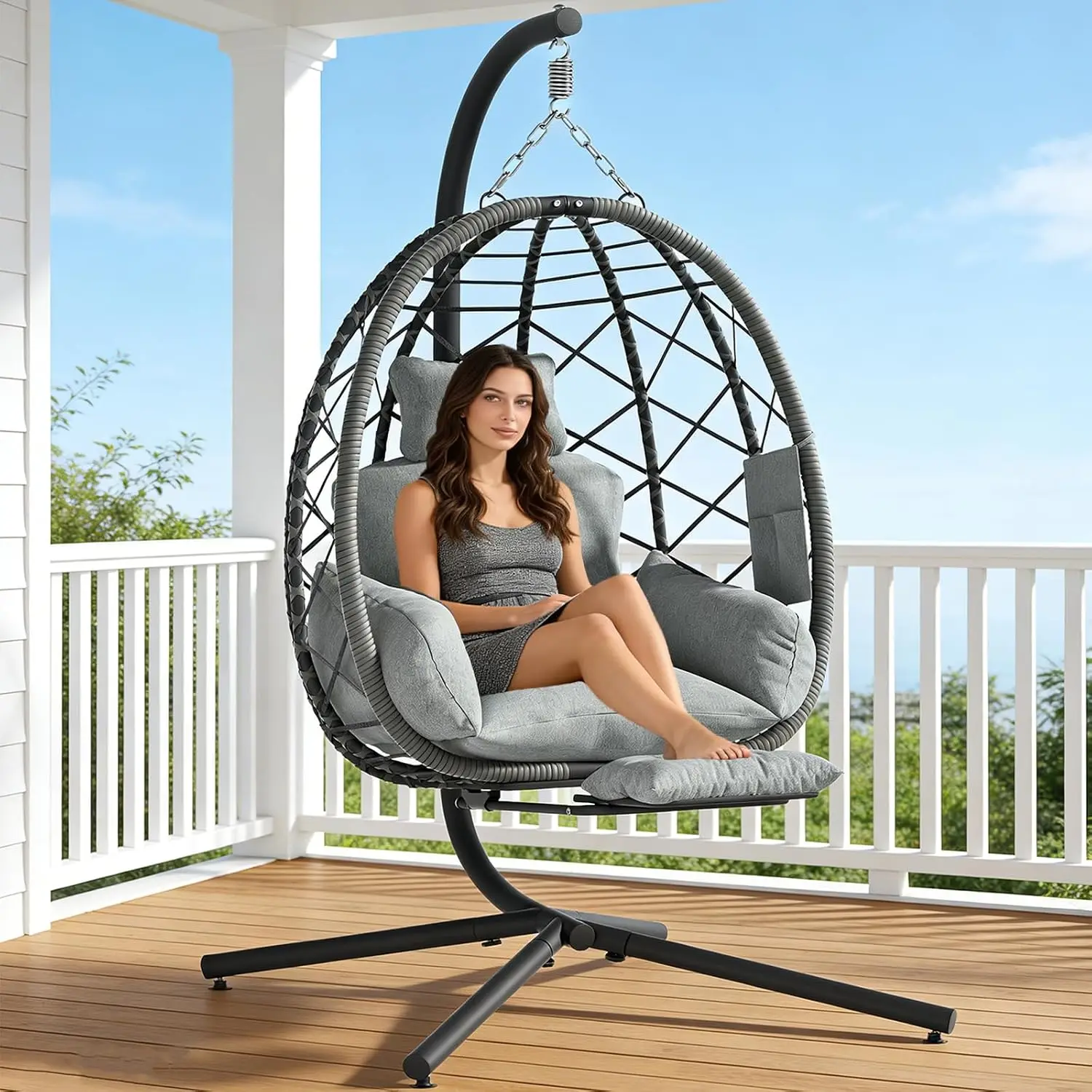 Wicker Hanging Egg Chair Adjustable Footrest Stand Grey Indoor Outdoor Hammock Swing Cushion 330lbs Capacity Patio Bedroom Lawn