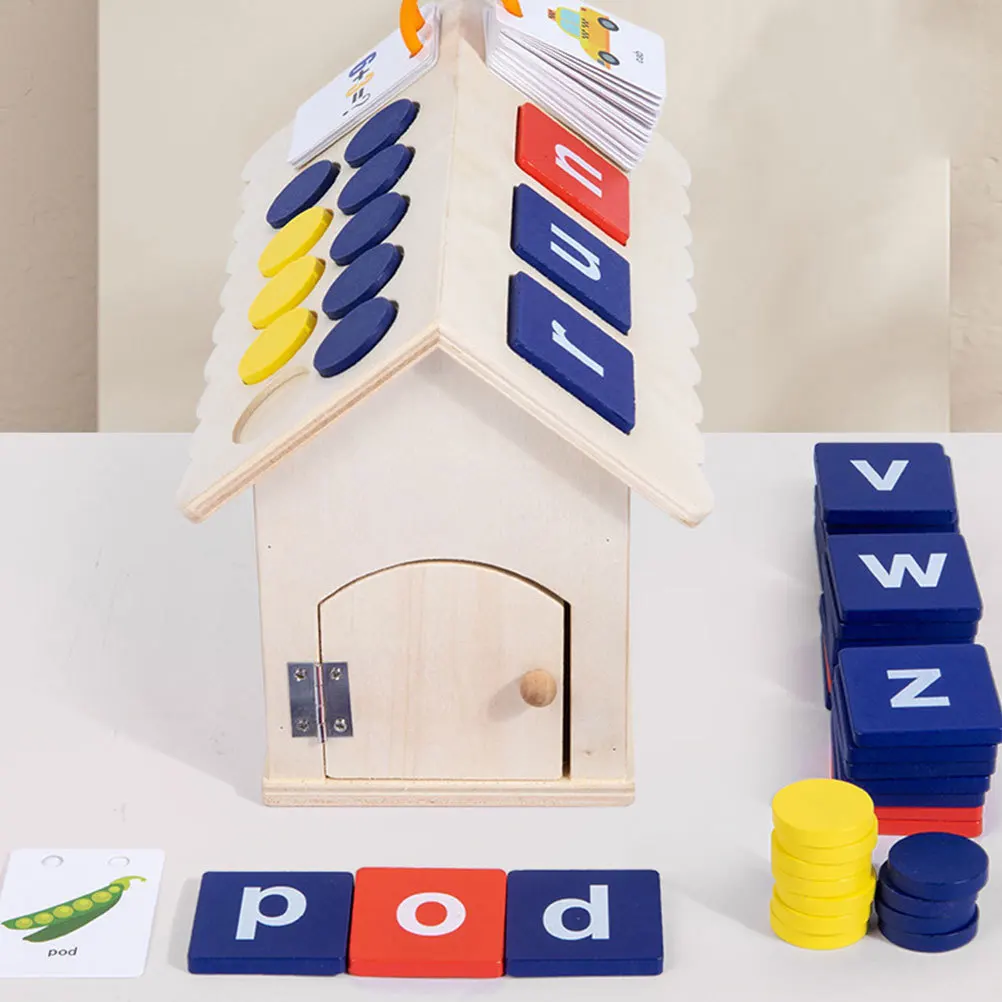 

1Set Alphabet Spelling Game Wooden Cabin Educational Kids Learning Letters Cognitive English Words Match Letter Cabin Blocks