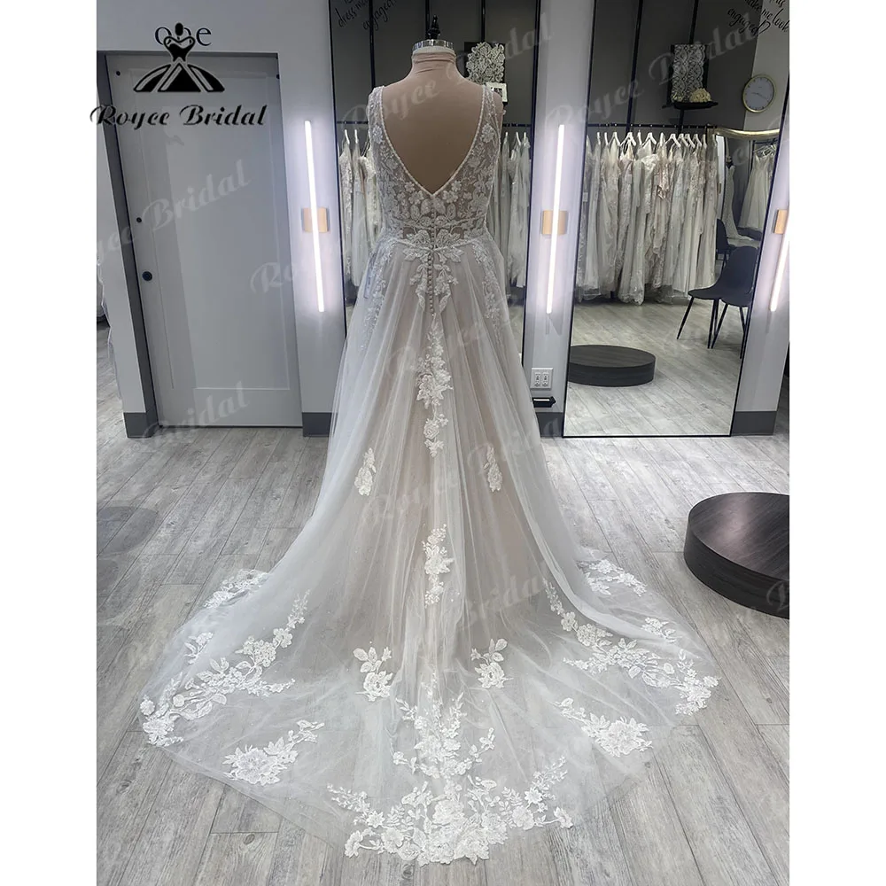 Vintage Lace Appliques V Neck Sleevless Wedding Dress for Women 2024 Backless Bridal Gown Custom Made vestido blanco boda civil