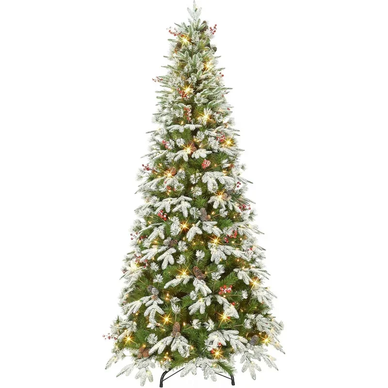 7.5 ft Pre-Lit Slim Glittery PE/PVC Tree, 1652 Tips, Pine Cones, Berries, 450 UL Clear Incandescent Lights