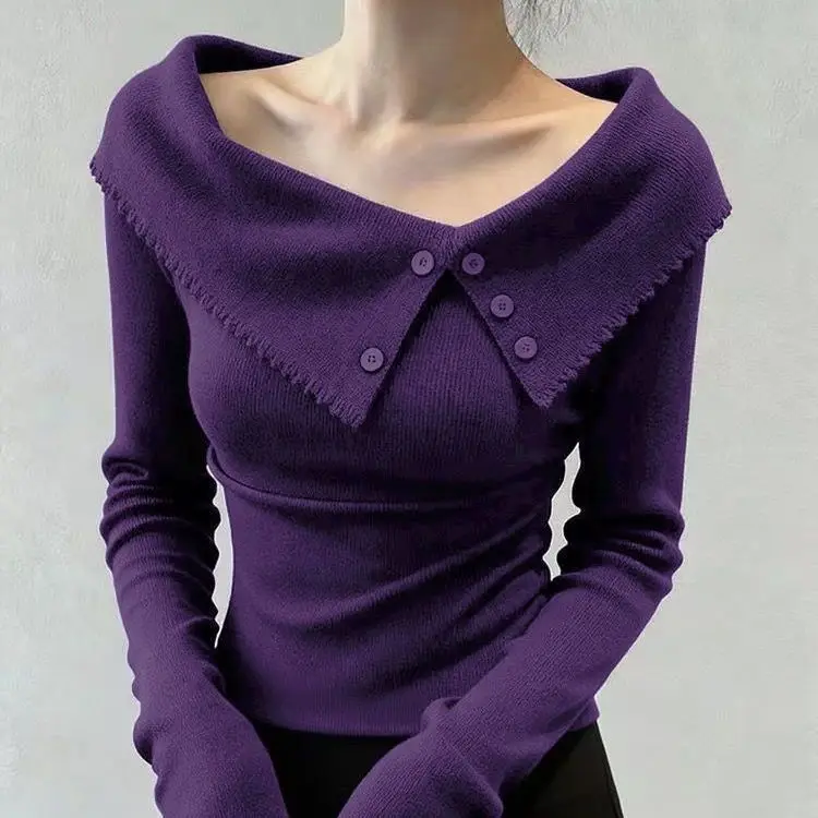 

Women's Purple One-shoulder Knit Top Black Asymmetrical Split Long-sleeve Pullover Sweater Trendy Versatile Outfit Office Lady
