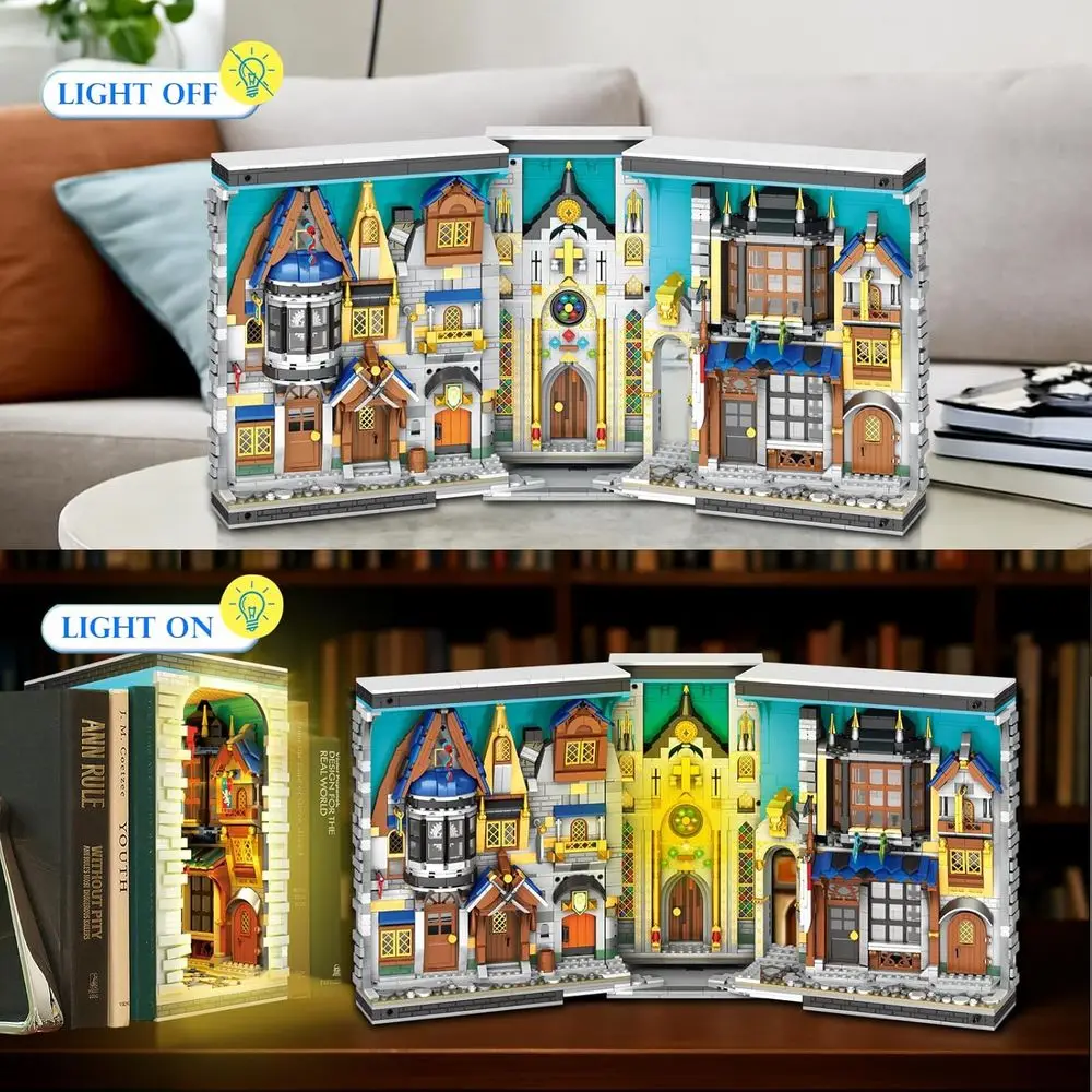 Mittelalterlicher Buchecke im europäischen Stil mit Licht, DIY-Bausatz für Zuhause, geeignet für Kinder ab 8 Jahren