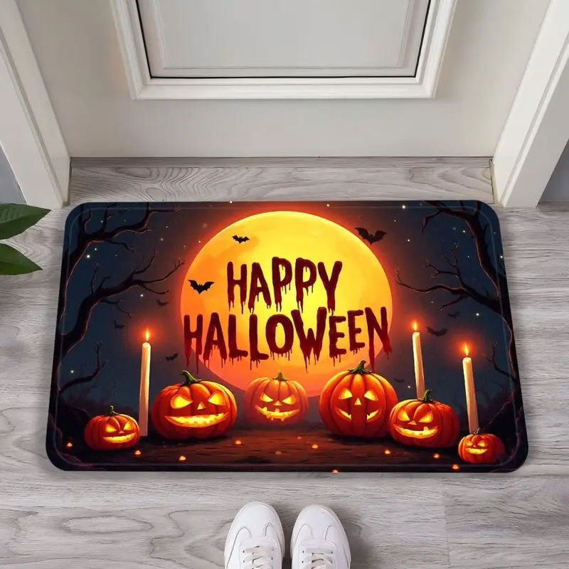VIKAMA Blue Striped Full Moon Black Cat Castle Halloween Mat, Non-Slip Door Rug for Bathroom & Entryway, Festive Decor
