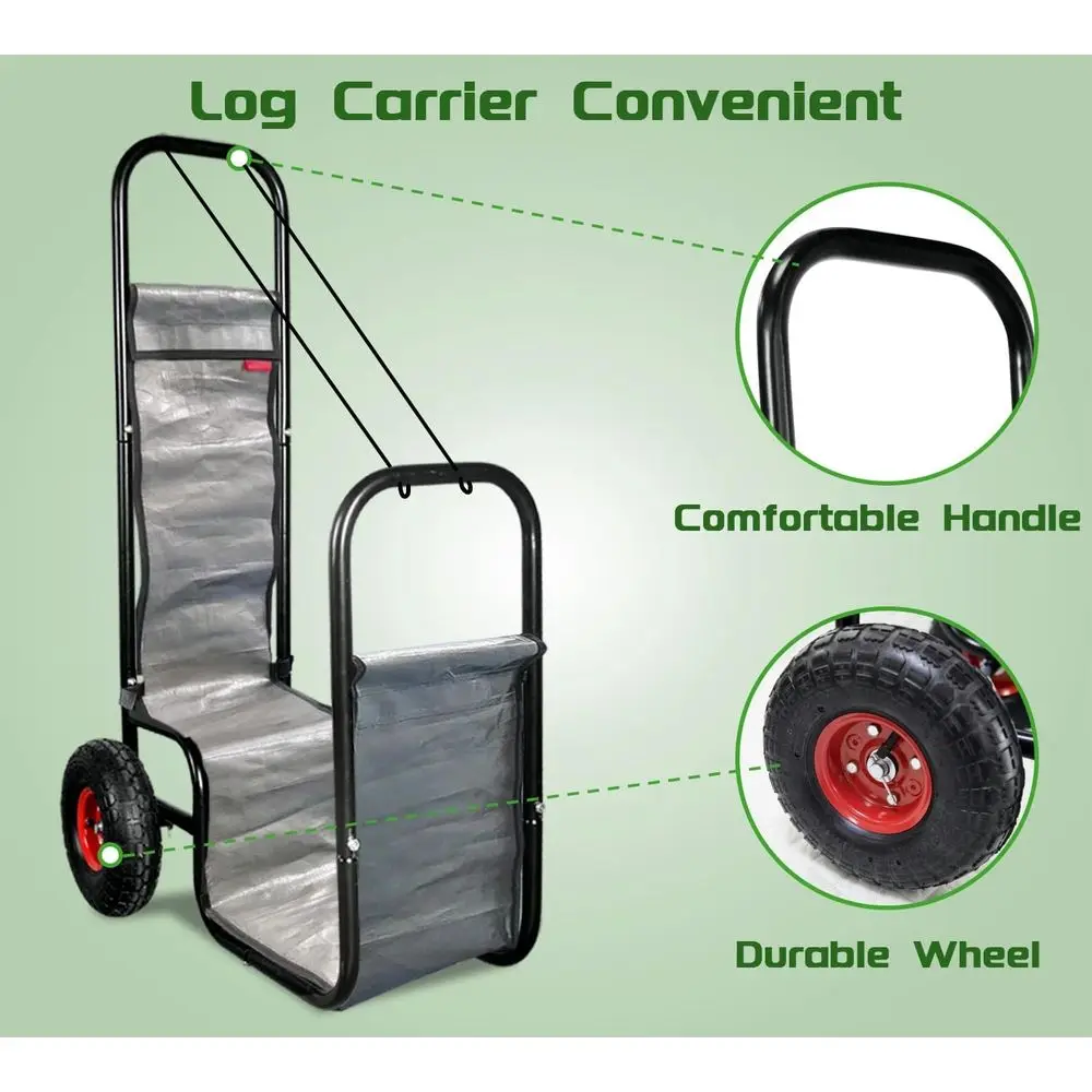 Chariot à bois de chauffage robuste d'une capacité de 220 lb, pneus pneumatiques, idéal pour les cheminées extérieures