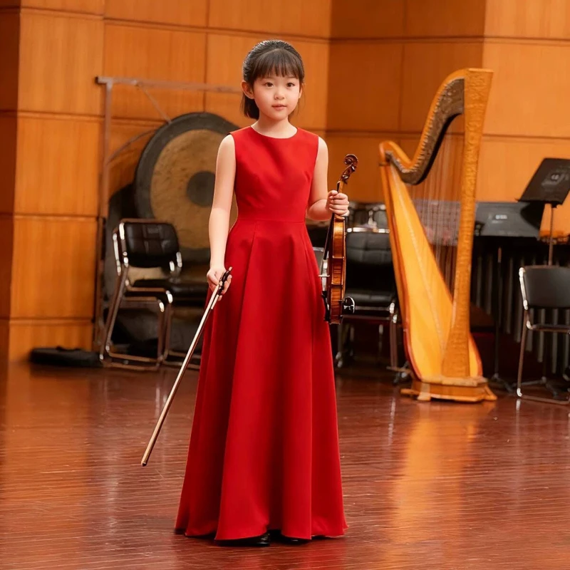 Kids Girls Red Sleeveless Evening Dress Children Model Runway Piano Slim Host Performance Birthday Violin Pageant Gown Costume