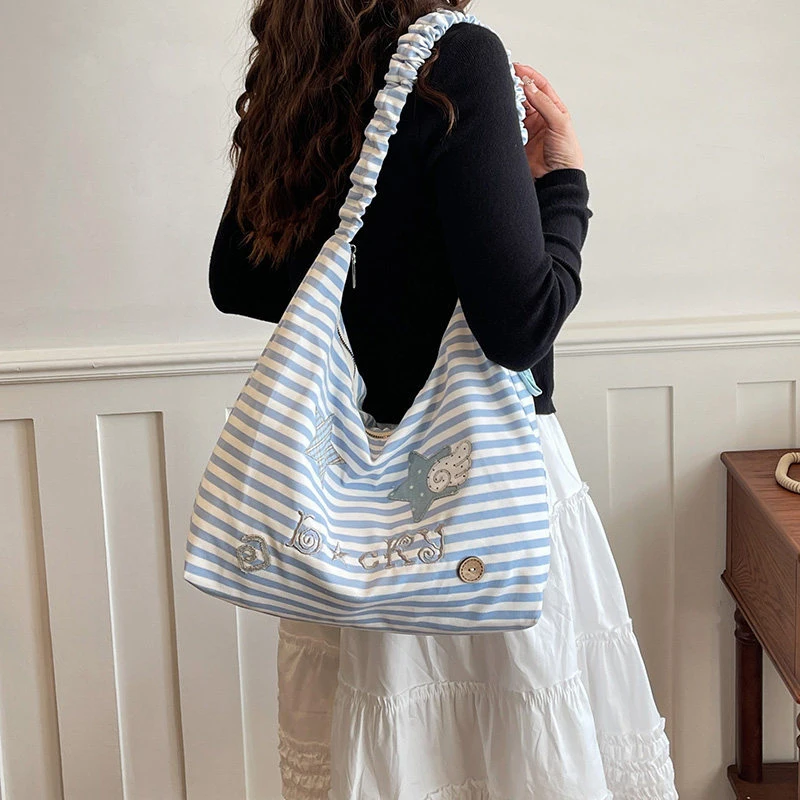 Two-tone striped bag for women2026New Spring Casual Fashion Tote Bag for Class and Commuting, Shoulder and Crossbody Bag