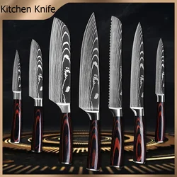 Kitchen Knives 1-10PCS 7CR17 440C Stainless Steel Laser Damascus Pattern Japanese Santoku Cleaver Slicing Utility Chef Knife