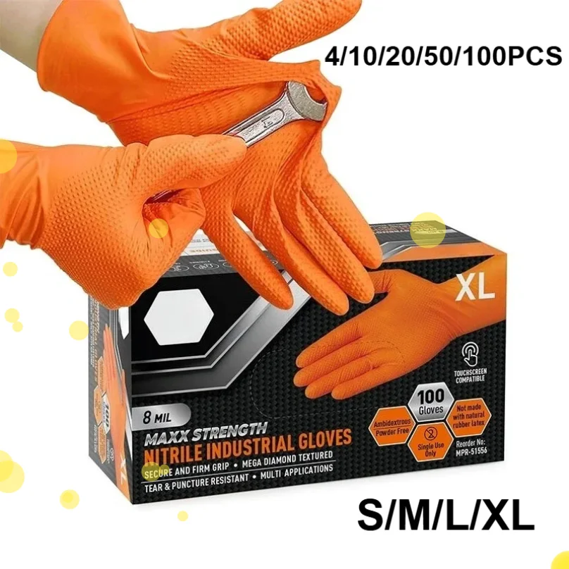 

30/50PCS Heavy Duty Industrial Orange Disposable Nitrile Gloves Diamond Textured Tear-Resistant for Mechanic Safety & Work Glove