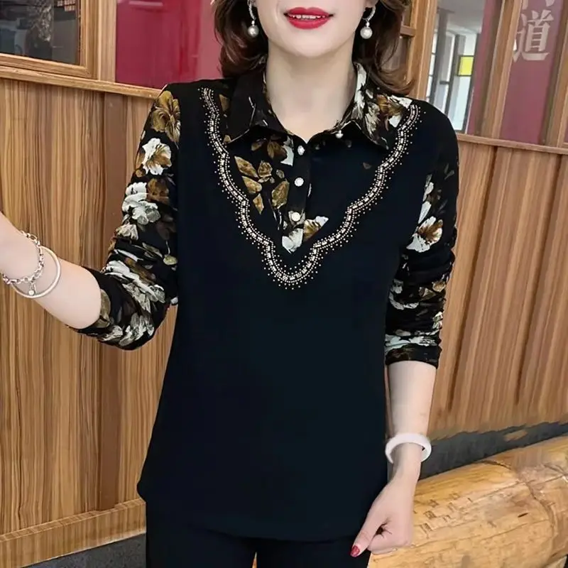 Commute Floral Printed Blouse Casual Fake Two Pieces Patchwork Autumn Winter Female Clothing Polo-Neck Stylish Diamonds Shirt