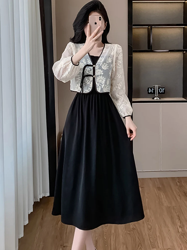 

Autumn Black Pleated Sling Dress+White Embroidery Top Shirts Two Piece Sets 2025 Women Korean Vintage Luxury Bodycon Dress Suits