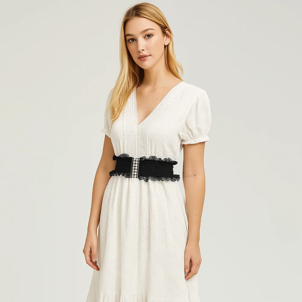 حزام خصر دانتيل أنيق متعدد الاستخدامات بعرض 6 سم بلون سادة مشد للخصر وشاح مرن للنساء #4