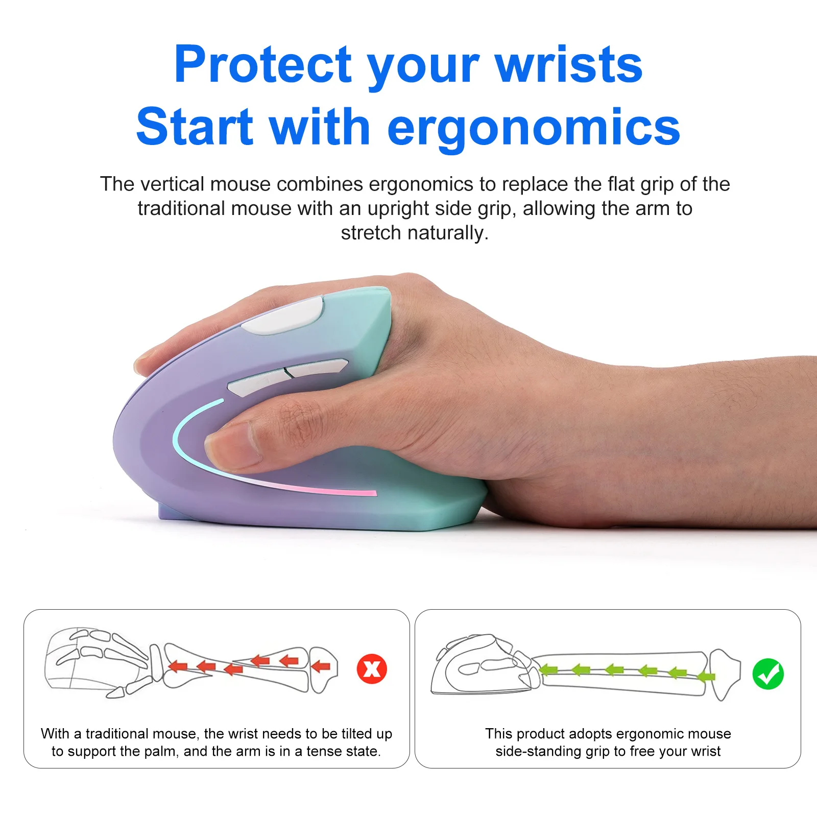 Wireless 2.4G Bluetooth Dual-mode Mouse Vertical Ergonomics Design Rechargeable 3 Levels DPI Chameleon Coating For Big Hand