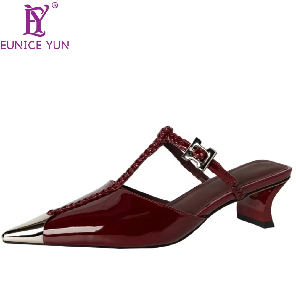 

【EUNICE YUN】Handmade Genuine Leather Elegant Comfortable Pointed Toe High Heels Strappy Backless Sandals Not Tiring Shoes 34-40