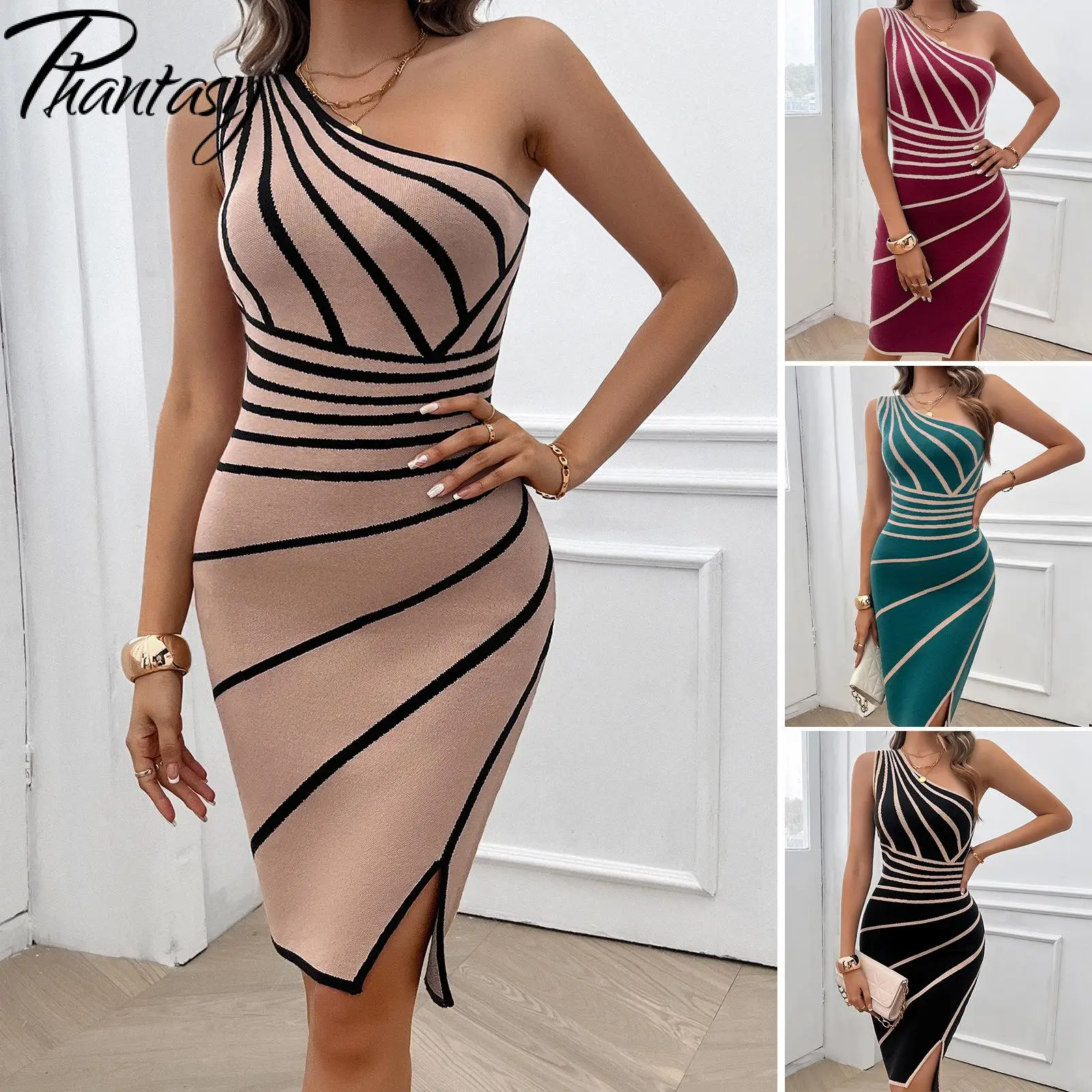 Phantasy Elegant Office Lady Dress Women Summer Evening Party Dress Slanted Collar Sleeveless Outfit Solid Stripe Stylish Dress