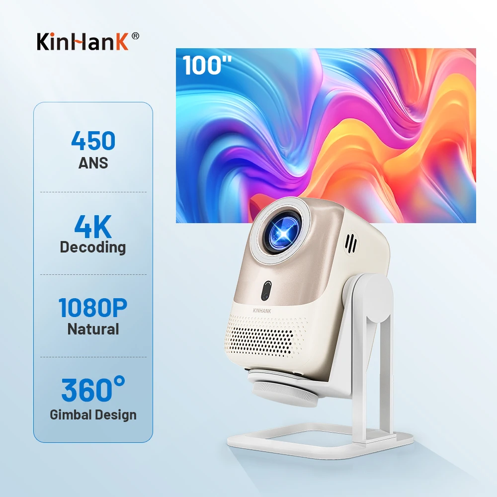 

Портативный проектор KINHANK 4K с автофокусом, родной 1080P 450 ANSI Wi-Fi 6, ОС Android с Netflix, проектор для умного дома