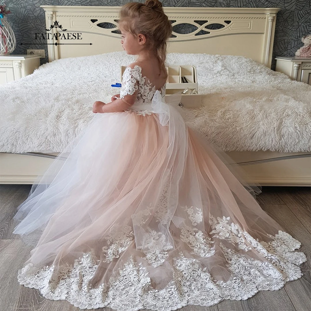 

FATAPAESE Long Sleeve Flower Girl Dresses for Kids Bridesmaid Wedding Even Maxi Princess Gown Lace Appqulies Communion Party