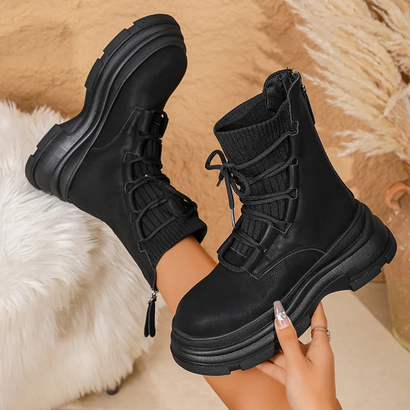 أسود مكتنزة منصة حذاء من الجلد النساء المرقعة عبر الدانتيل يصل سميكة القاع القوطي أحذية امرأة الخريف الشتاء الجوارب القصيرة Mujer #2