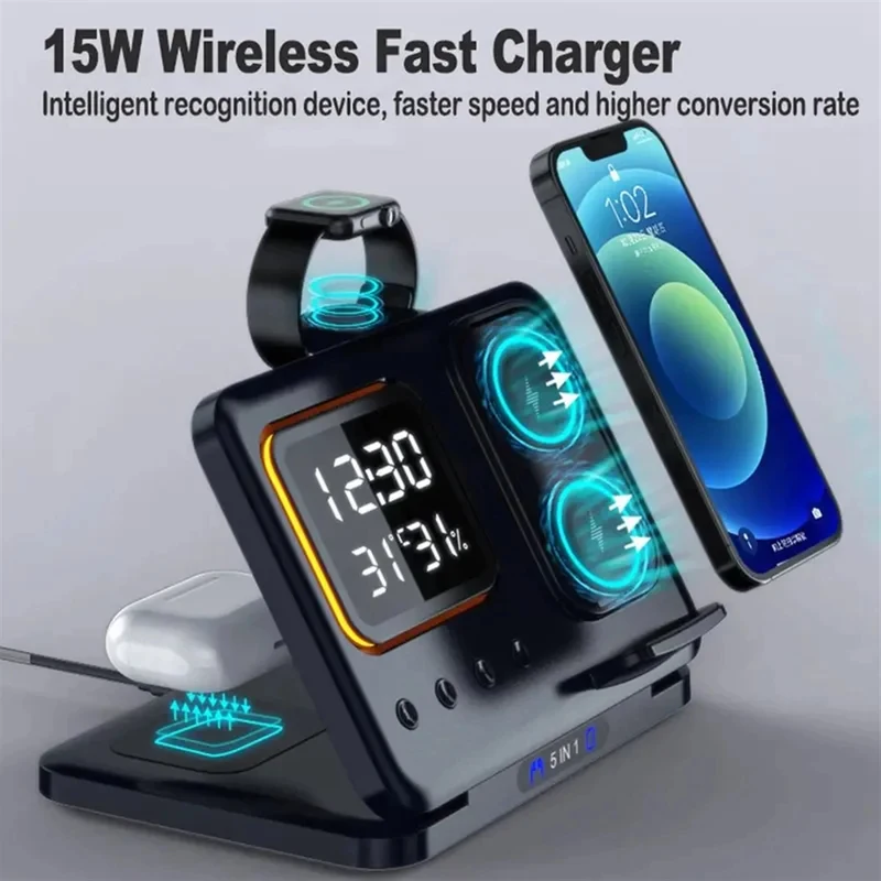 New Foldable 5-in-1 Wireless Chargers Stand 5 In1 LED Digital Alarm Clock Fast Charging Dock Station for IPhone 15 14 IWatch 8
