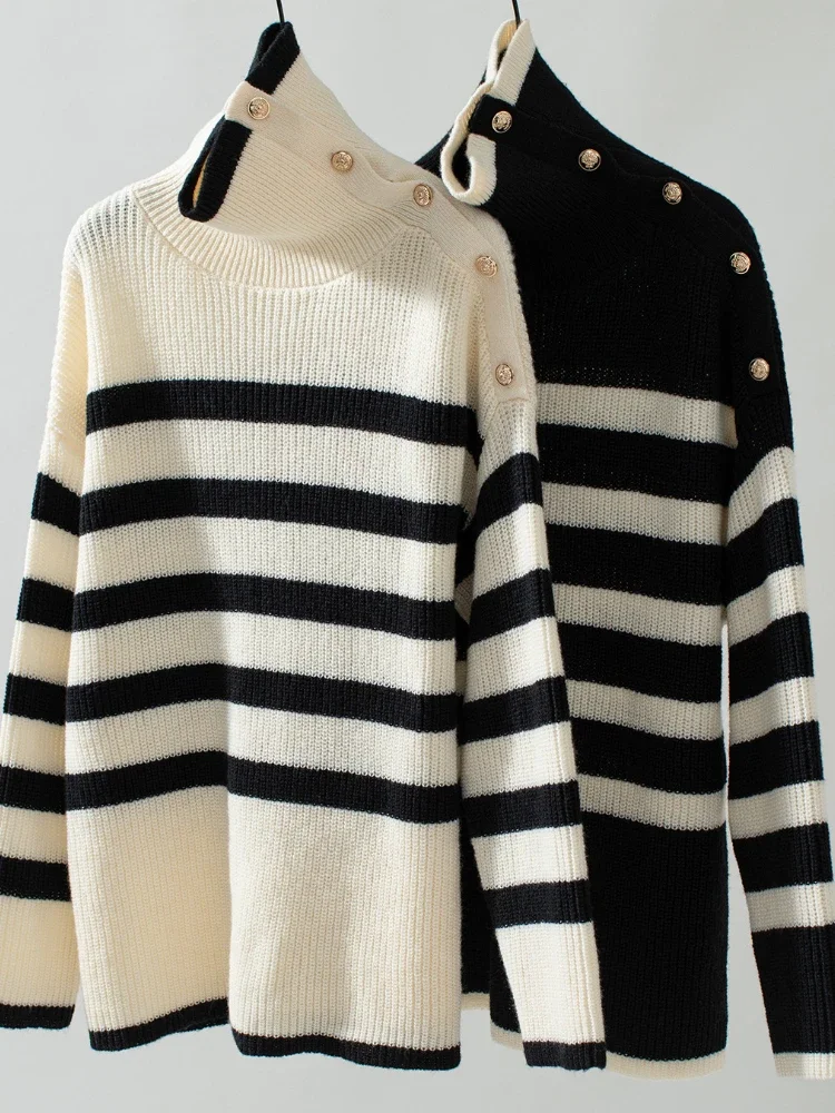 

New Autumn and Winter Fashion Polo Button Contrast Stripe Knitted Long Sleeve Temperament Commuter Loose Women's Casual Sweater