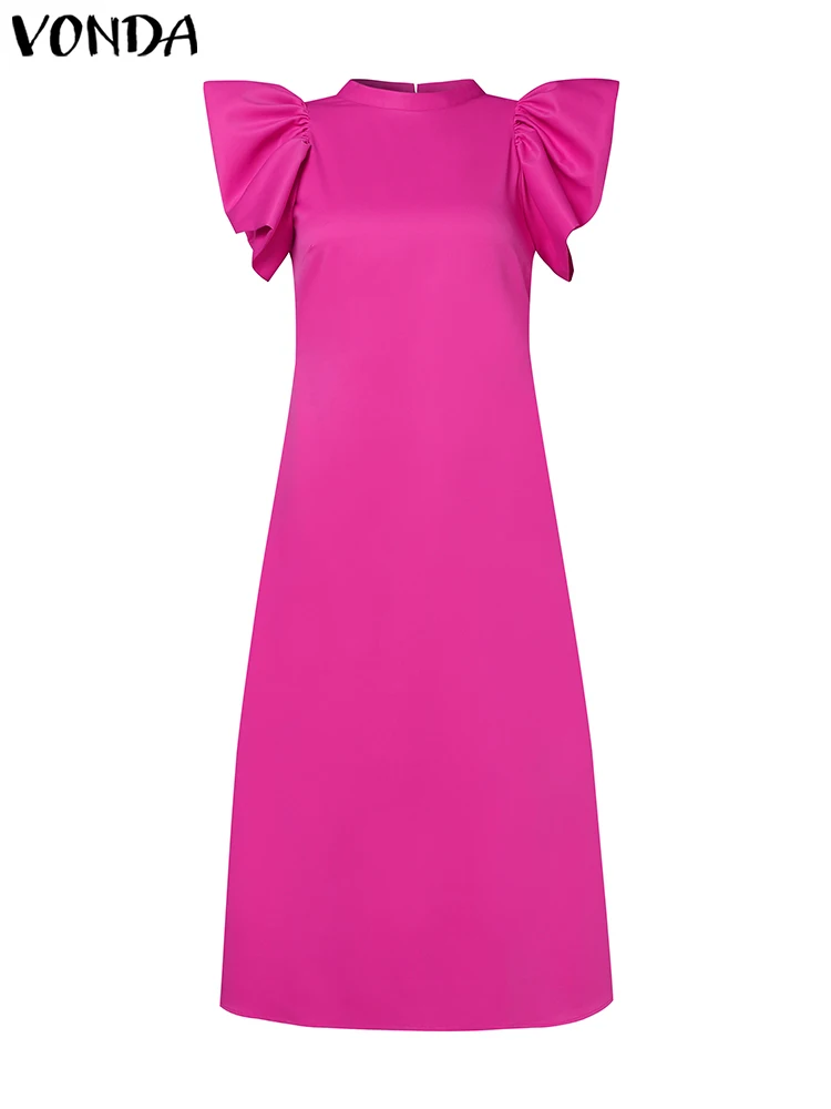 VONDA-Robe Longue d'Été Éducative pour Femme, Manches Courtes Bouffantes, Col Montant, Satin Élégant, Robe de Soirée, 2024